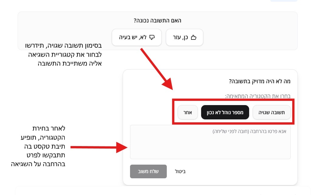 טופס משוב לאחר לחיצה על 'לא, יש בעיה'